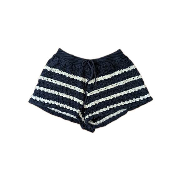 House of Harlow 1960 Pants - Boho Coastal Beach House Of Harlow Striped Shorts Navy White Crochet Drawstring